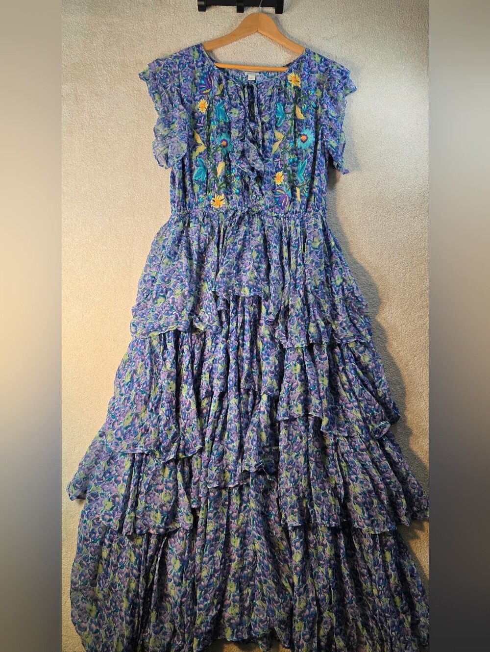 Sundance Blue Floral Eden Tiered Maxi Dress Flowy Embroidered Feminine Boho L